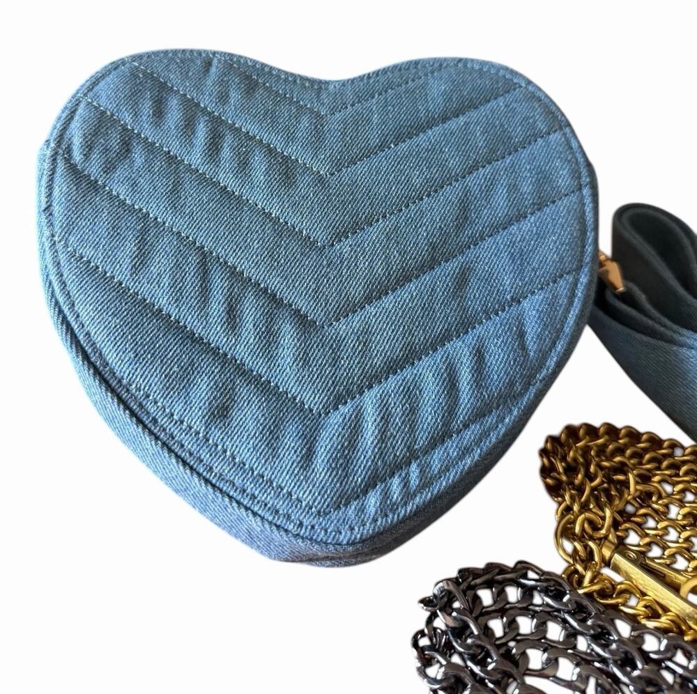 Y2K Denim Heart Crossbody Purse Quilted Blue Coquette Festival Bag 3 Straps NWOT